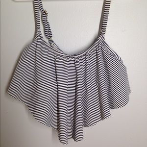 Navy and white striped target bikini top.